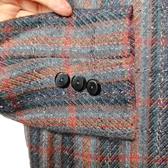 Vintage 90s Oversized Grey Red Blue Glen Plaid Hand Made Woolen Jacket Blazer 12 - Picture 9 of 15